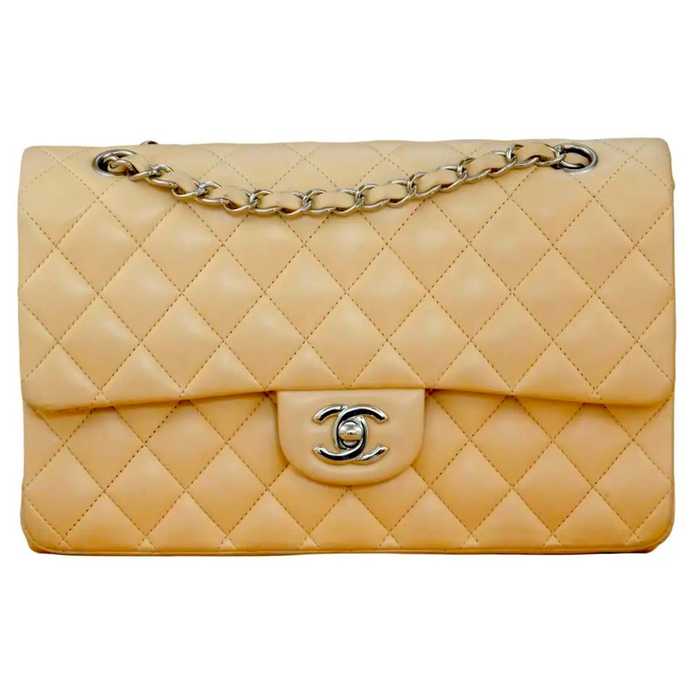 Chanel Beige Quilted Lambskin Leather Medium Classic Double Flap Bag